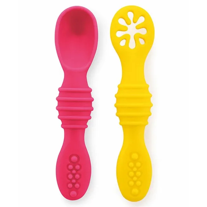 BeeBaby Sumshy First Stage Silicone Spoon for Feeding Baby, Dip Spoon for Baby Led Weaning.  Pack of 2 – Pink & Yellow