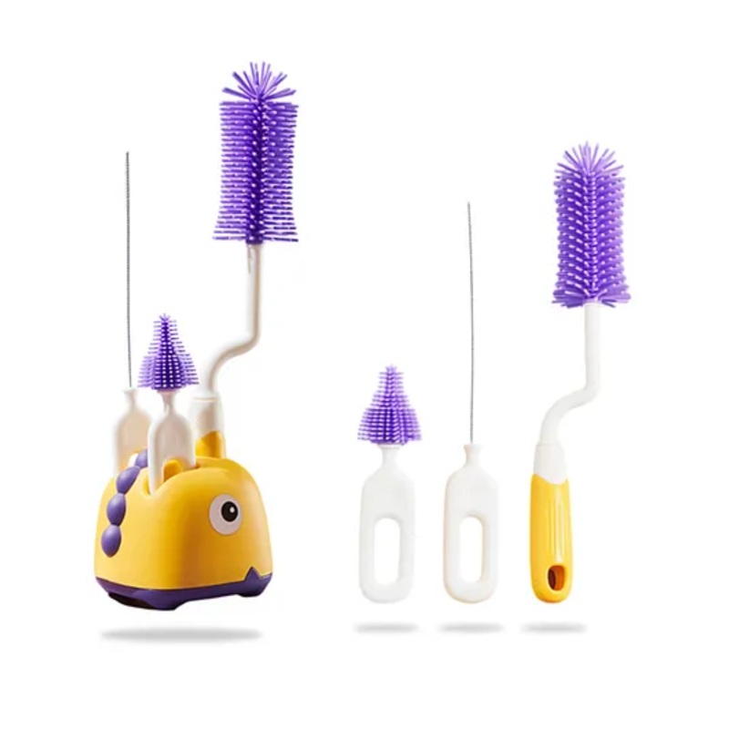 Bembika Baby Bottle Brushes: The Ultimate Bottle Brush Set For Your Baby’S Feeding Bottle Brush And Nipple Cleaner Brush Needs Yellow -(Dinosaur Bottle Brush 4-Piece Set Including Base)