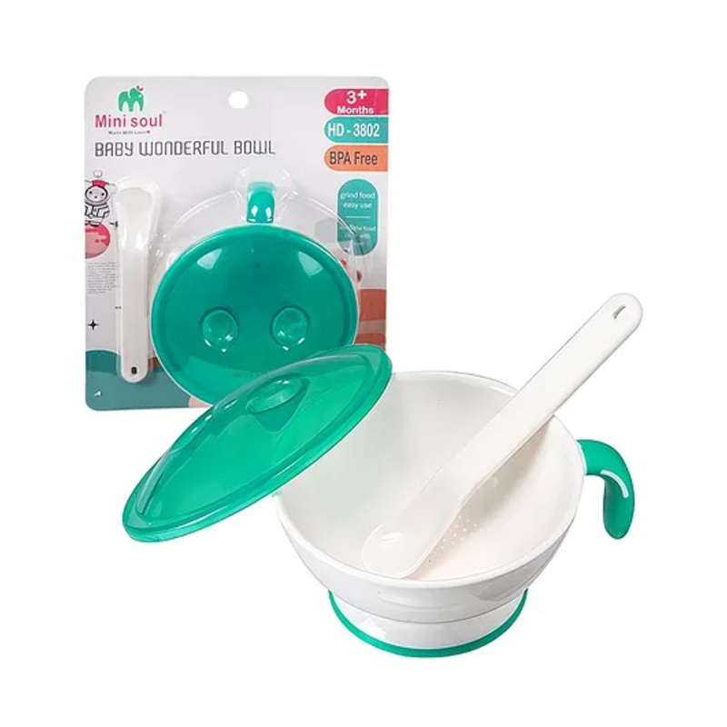 Cots and Cuddles Anti Skid BPA Free Grinding Mashable Feeding Bowl with Spoon and Lid for Kids (Random Color)