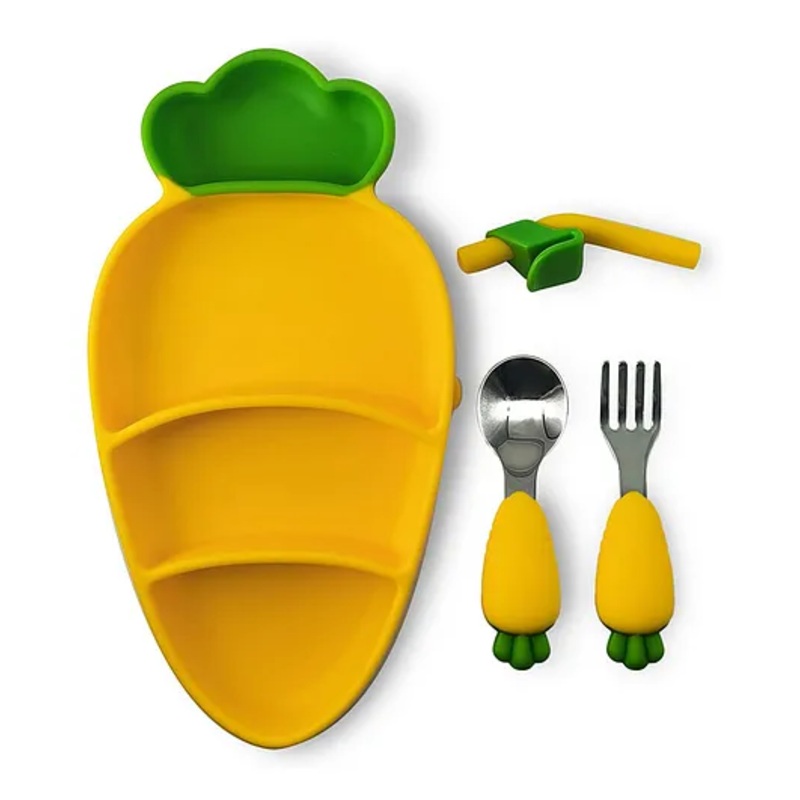 Cots and Cuddles Carrot Design Tableware Silicone Feeding Plate with Spoon Fork Straw for Infants Baby and Toddler Kids (Yellow)