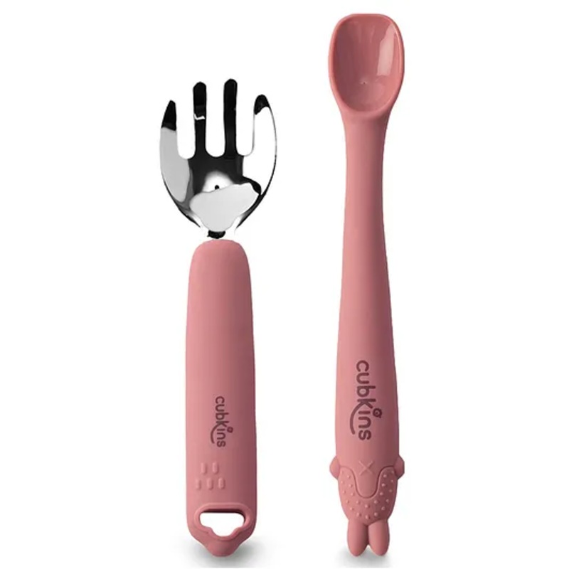 CUBKINS Set of Fork with Stainless Steel Head and Early Feeding Bendable Silicone Spoon for Children | No Sharp Edges | BPA Free, Food Grade, FDA Approved | Washable & Reusable (Raspberry)