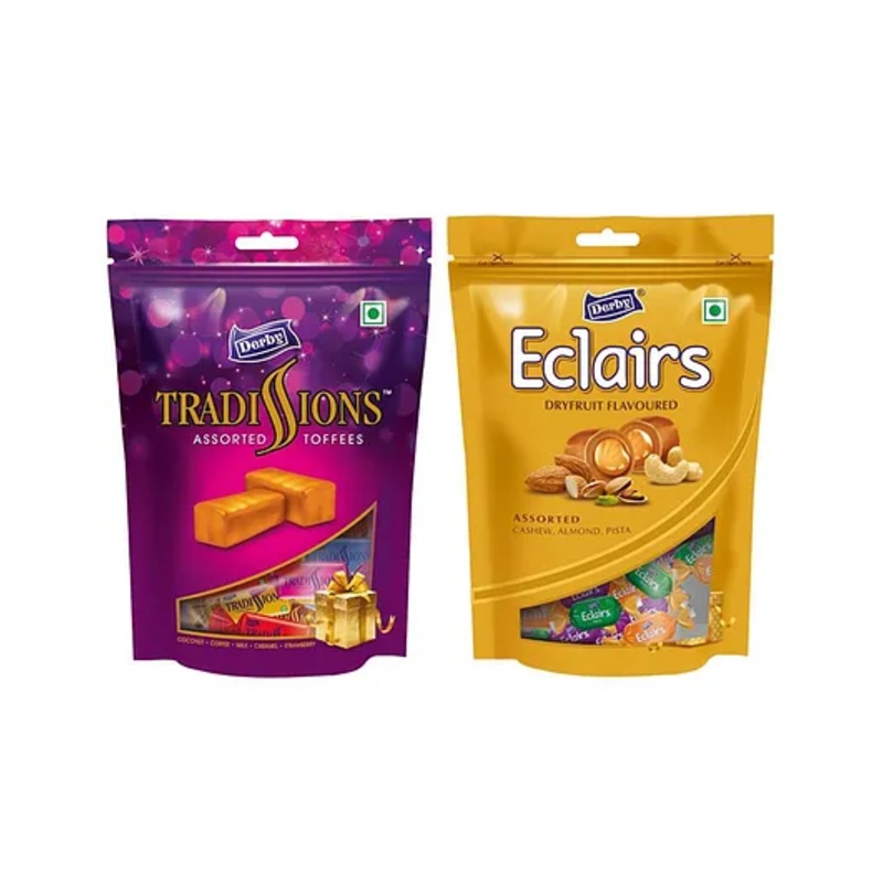Derby Dryfruit Eclairs Assorted Toffee Cashew Almond Pista Standy Pouch | Derby Tradissions Assorted Toffees Standy Pouch | Combo Pack Of 2