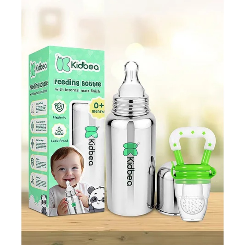 Kidbea Stainless Steel Infant Baby Feeding Bottle,Green silicon Fruit Feeder BPA Free, Anti-Colic, Plastic-Free,304 Grade Medium-Flow Combo of 2