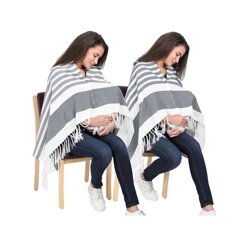 Lulamom Multi-Purpose Breast Feeding Nursing Striped Shawl – Pack of 2 (Grey & Navy)