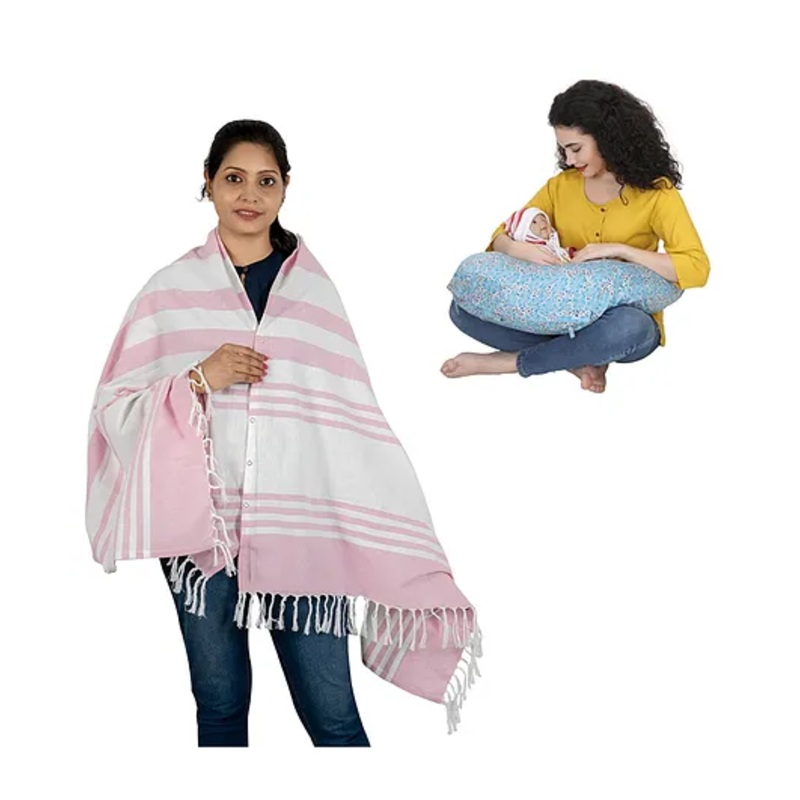 nene MultiPurpose Woven Breastfeeding Shawl & Pillow Combo – Pink