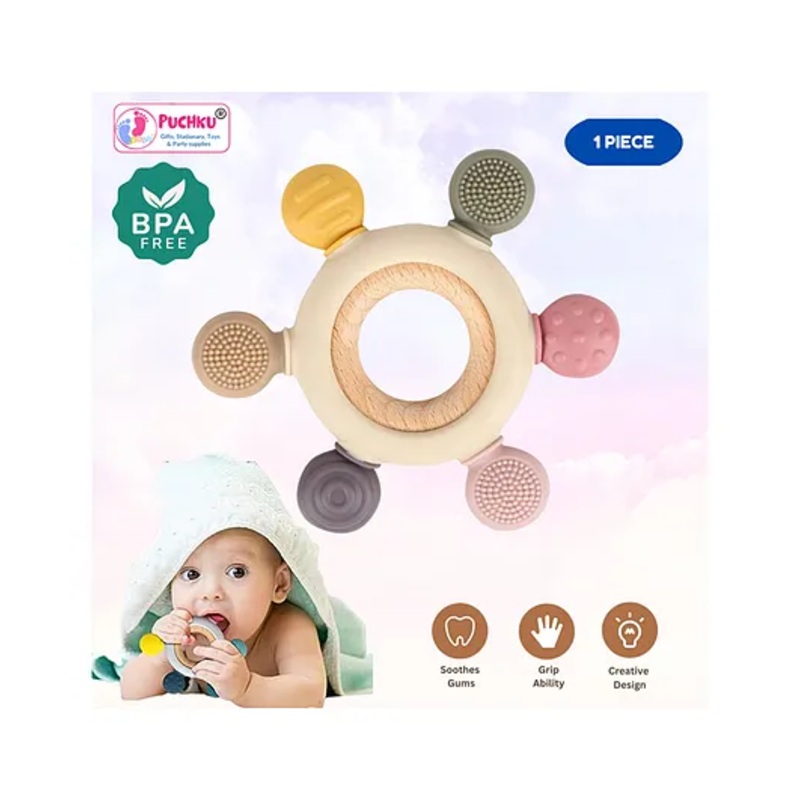 Puchku Wooden Teether, Baby Teething Toys Silicone Teethers BPA Free Silicone Rudder with Wooden Ring ( Pack of 1, Random color)