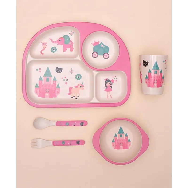 The Bamboo Co Pinky Princess’ Castle Bamboo Kids Dinner Set of 5- Pink