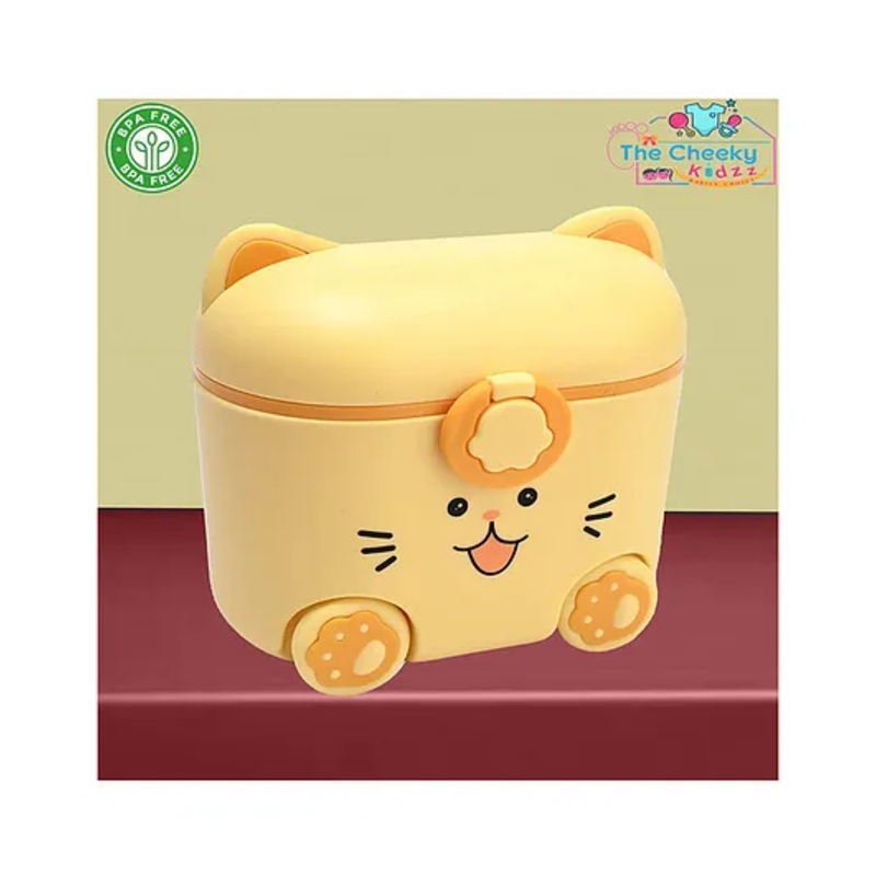 The Cheeky Kidzz Baby Milk Powder Cereal Formula Dispenser Scoop Cute Cat Face Print Box | Multifunctional Snack Meal Box Storage Container First Feed Box (YELLOW)