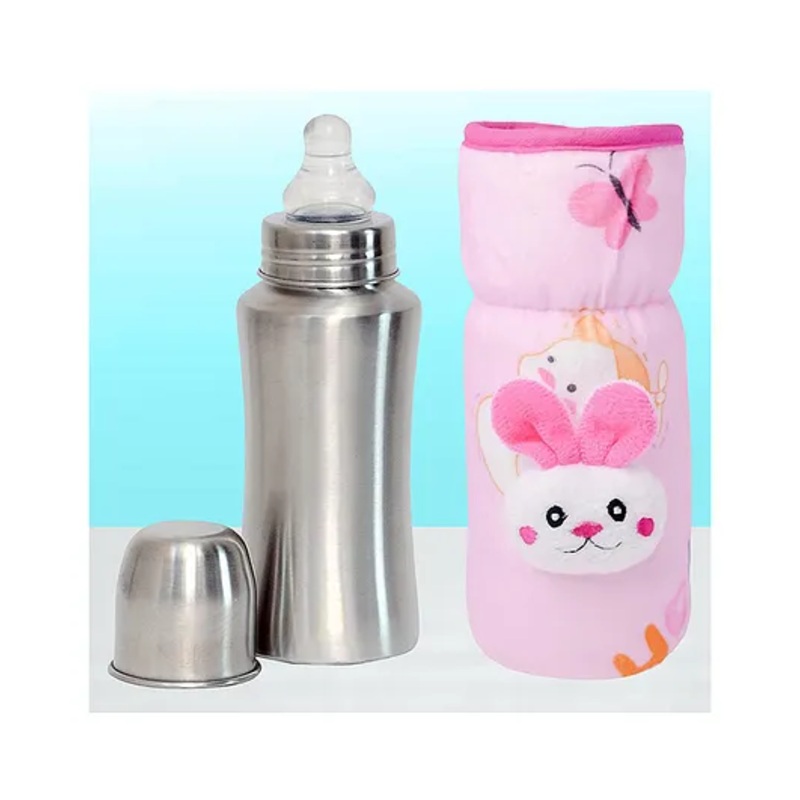 The Cheeky Kidzz Baby Stainless Steel 240ml Thermal Insulation Feeding Milk Liquids Feeder Bottle With Anti Colic Silicone Nipple BPA Free And Stretchable New Born Bottle Cover (LIGHT PINK)