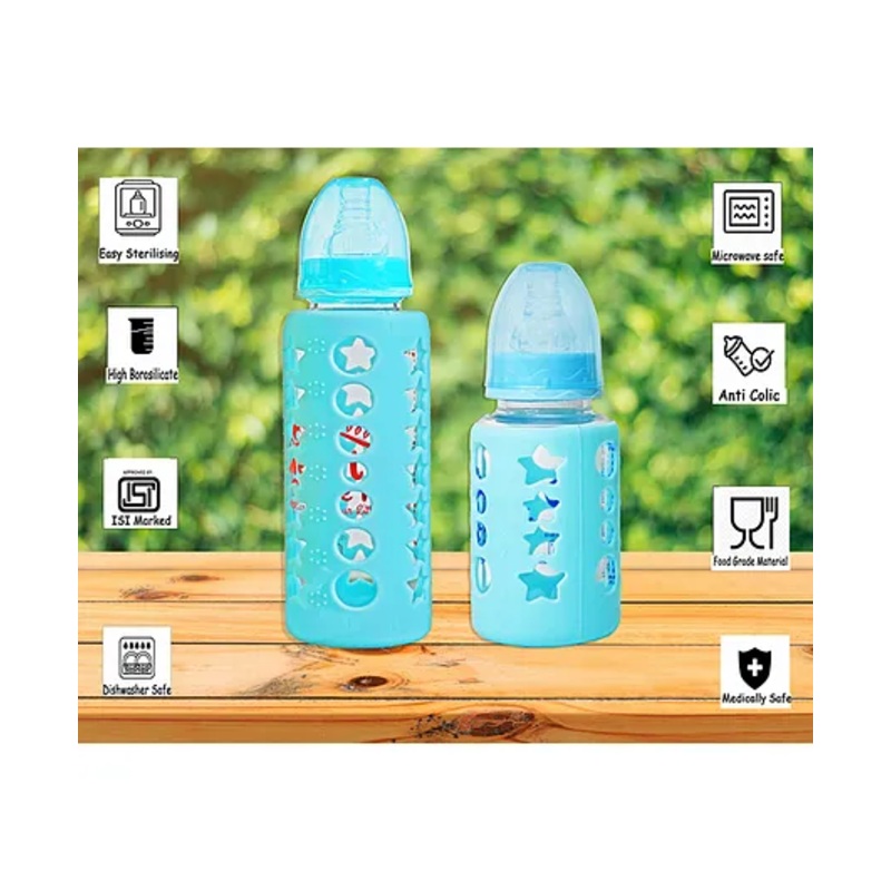 The Little Lookers High Borosilicate Glass Feeding Bottle with Soft Flow Control & Anti Colic Nipple Pack of 2 – Blue