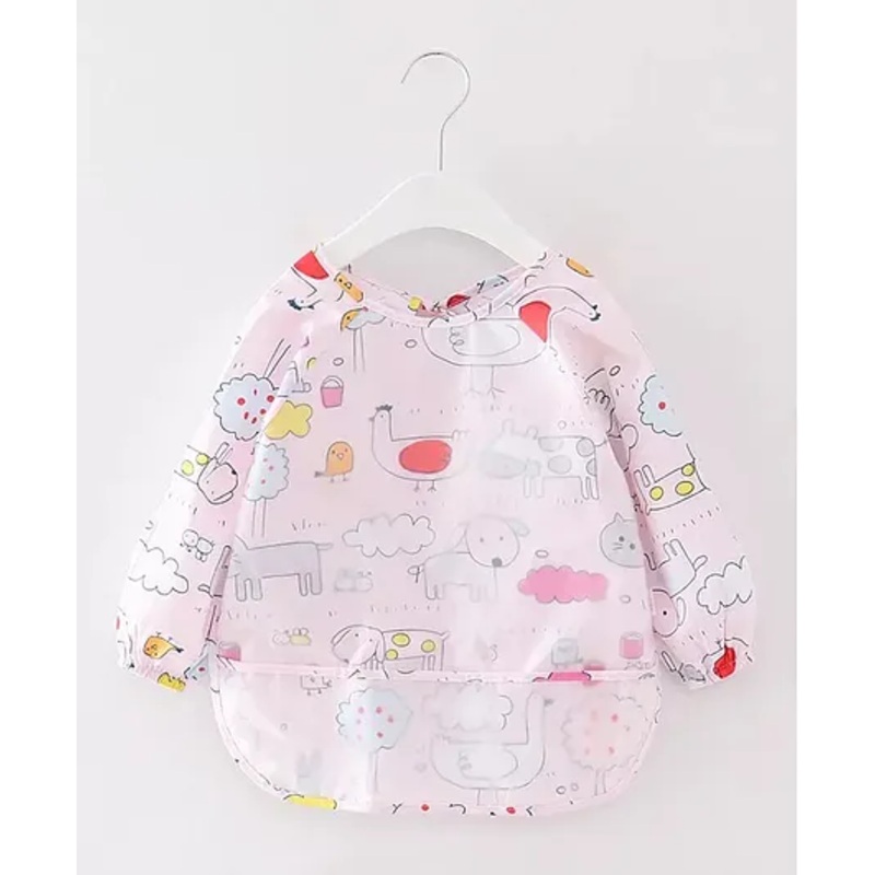 Thread Fairy Full Sleeves Washable Waterproof Baby Feeding Bibs Baby Bib Shirt with Pocket My Farm Small – Pink