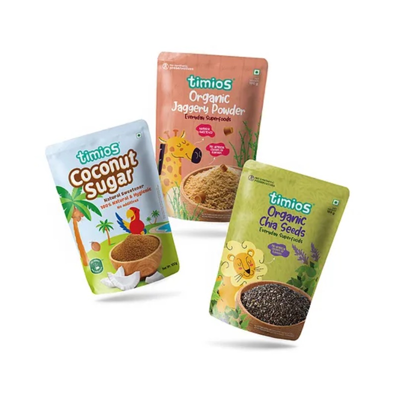 timios Organic Combo Pack of Coconut Sugar Jaggery Powder & Chia Seeds – 100 g Each