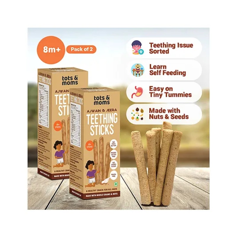 Tots and Moms Teething Sticks – Ajwain & Jeera with Dry Fruits, Nuts & Seeds for soothing gums for babies, 12 months+ | No Maida, No Sugar| Kid-Friendly Finger Food Lunch Box Snack | Pack of 2-150g each
