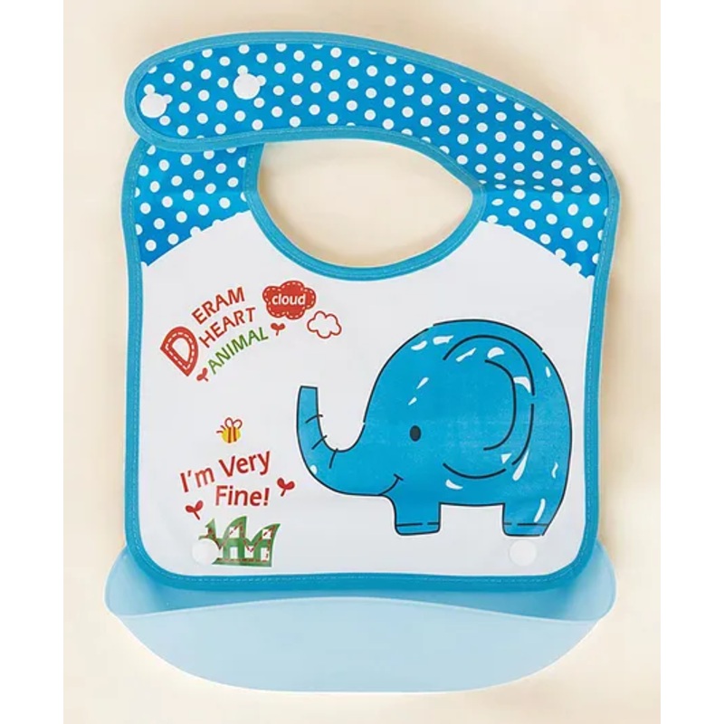 Yellow Bee Silicon Elephant-Themed Baby Bib with Catch Pocket and Polka Dot Trim for Boys- Light Blue & White