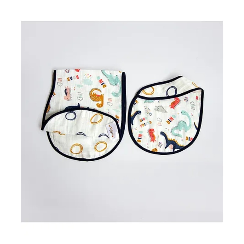 Yellow Doodle Dino Friend Printed Reversible Organic Cotton Muslin Bib & Burp Cloth Set – Multicolour
