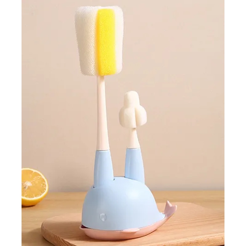 2 in 1 Bottle & Nipple Cleaning Brush with Whale Shape Stand – Blue| Scratch Resistant| Sponge Bristles| Drip Tray| Ergonomic Handle