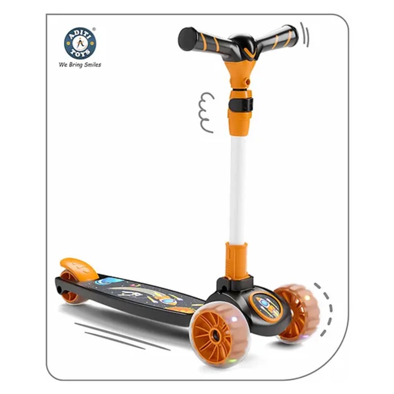 Aditi Toys Go Rider Kick Scooter for kids LED Light 3 Wheel Foldable Scooter With Rear Break 4 Height Adjustable With Lock for Boy & Girl 5+ Age Kids Scooter (Orange-Black)