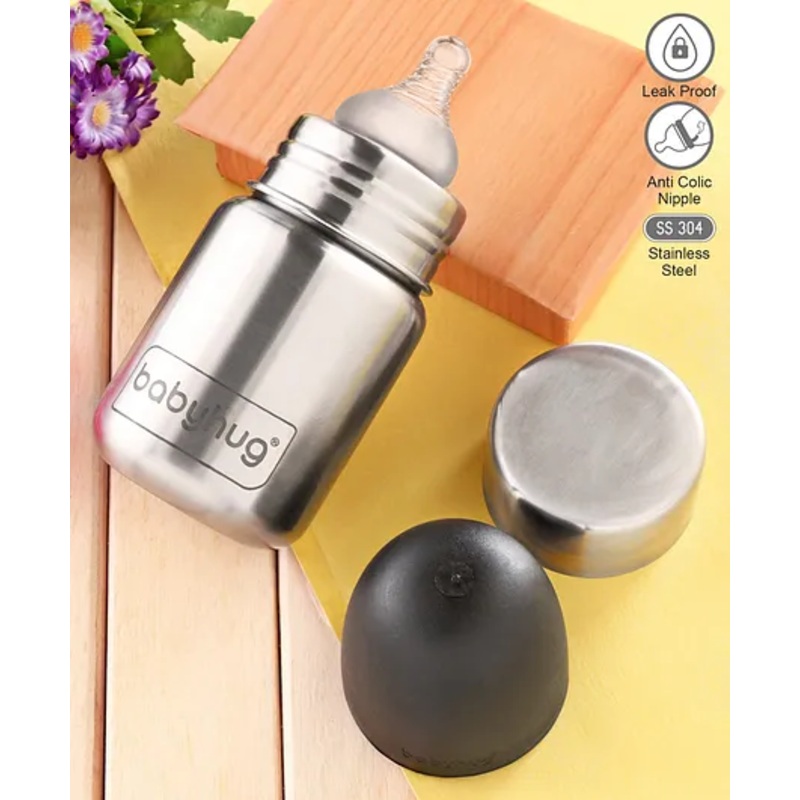 Babyhug Stainless Steel Feeding Bottle – 200 ml | Sterilizable| Durable | 304 Grade | Anti Colic | Extra Cap | BPA Free | Wide Neck | 304 Grade