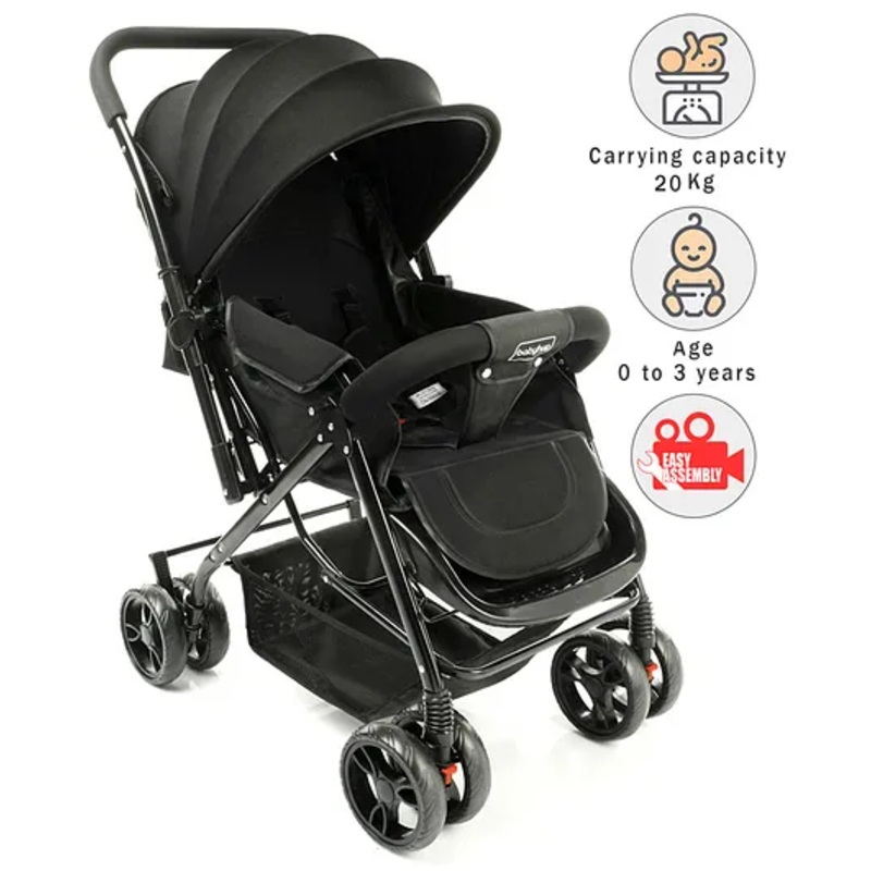 Babyhug Symphony Stroller With Reverisble Handle & Mosquito Net – Black