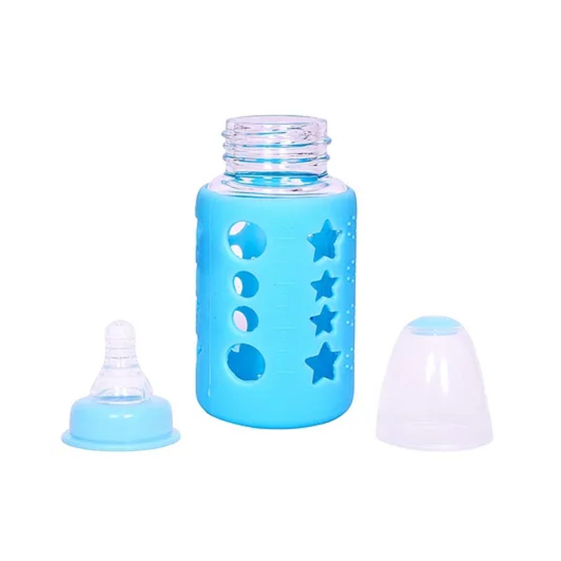 DOMENICO Premium Glass Baby Feeding Bottle for Kids Ultrasoft Nipple Glass Feeding Bottle with Silicone Cover Feeding Bottle for Milk and Baby Drinks No Leakage ML & OZ Marking (Color :- Blue, 120 ml)