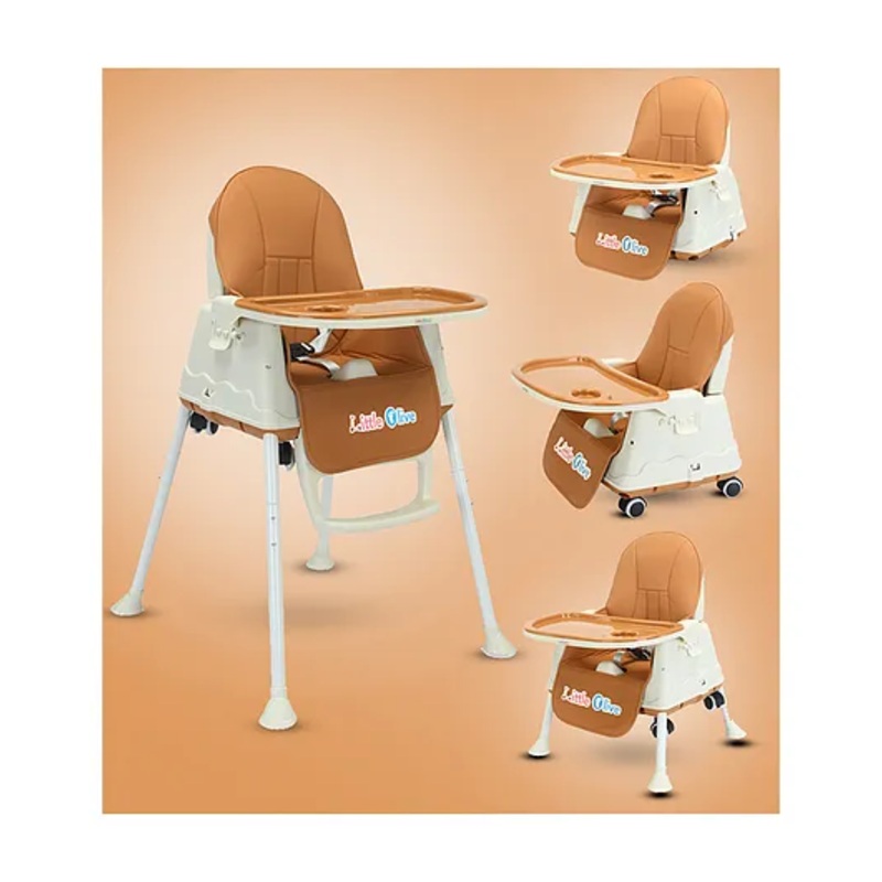 Little Olive 4 in 1 High Chair with Safety Harness and Adjustable Height – Brown