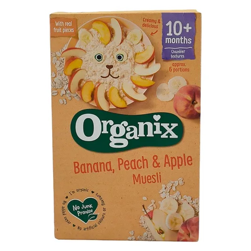 Organix Organic Banana Peach & Apple Baby Muesli, Wholegrain Oats & Fruit Mix, No Artificial Additives, 10+ Months – 200g