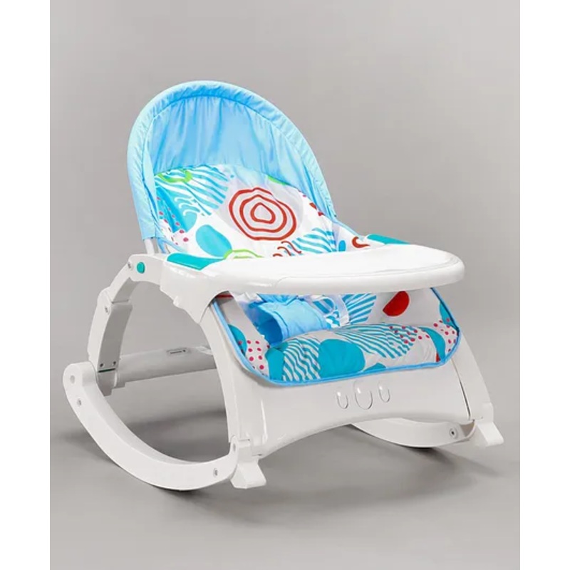 Play Nation Newborn To Toddler Portable Baby Rocker With Food Tray and Music Vibration with Toys -Light Blue