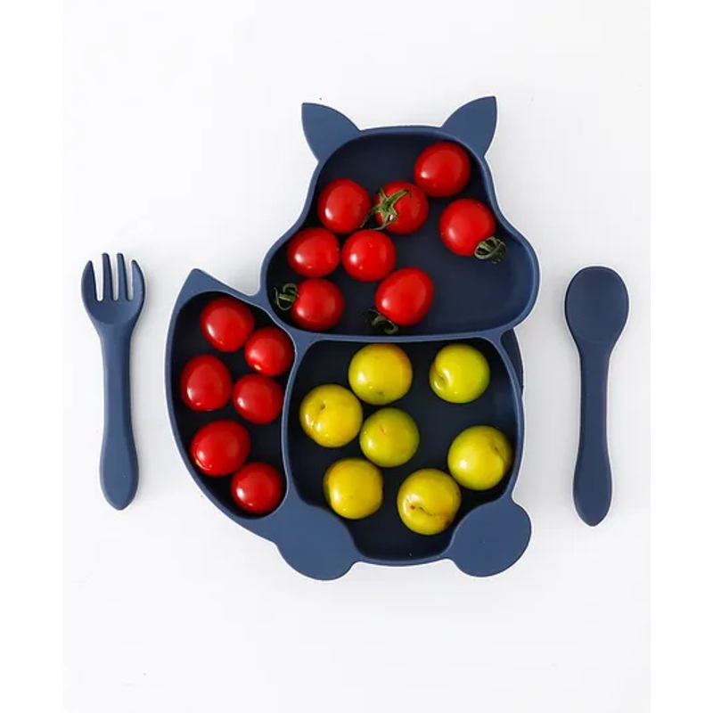 Squirrel Shape Baby Silicone Feeding Set Suction Base Sectioned Plate With Silicone Spoon & Fork – Blue- Blue