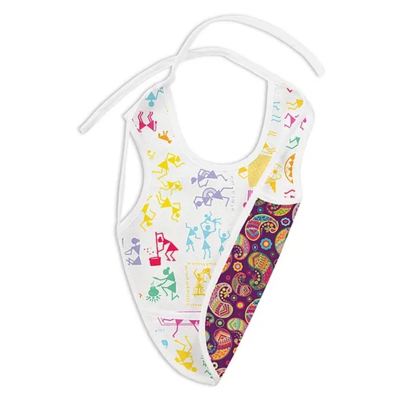 SuperBottoms Printed Apron Style Reversible Bib with Crumb Catcher | White Warli & Utsav