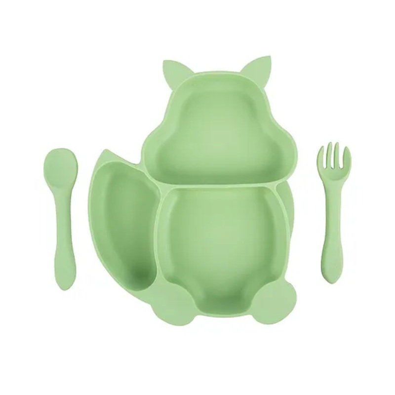 Taabartoli Silicone Squirrel Plate With Suction Spoon And Fork Set  – Green