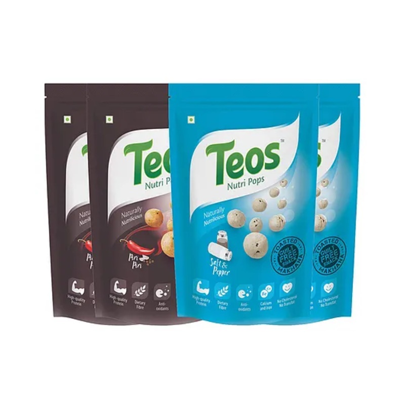 Teos Nutri Pops Roasted Makhana Snacks Piri Piri & Salt and Pepper 4 x 65 g