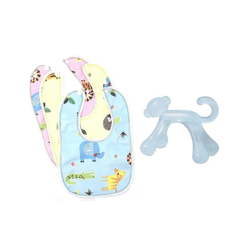 The Cheeky Kidzz Baby Monkey Shape Soft Silicone Teething Toy for Oral Dental Car Non-Toxic Flexible BPA Free with 3 Feeding Bibs (BLUE)