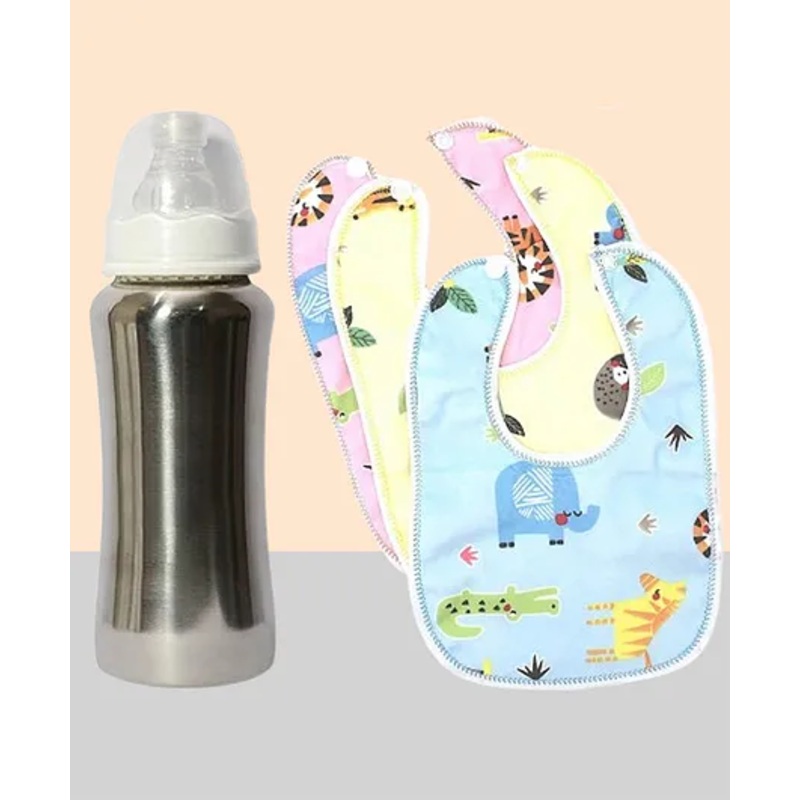 The Cheeky Kidzz Baby Stainless Steel 240ml Feeding Bottle with Essential 3 Feeding Bibs Combo Set (WHITE)