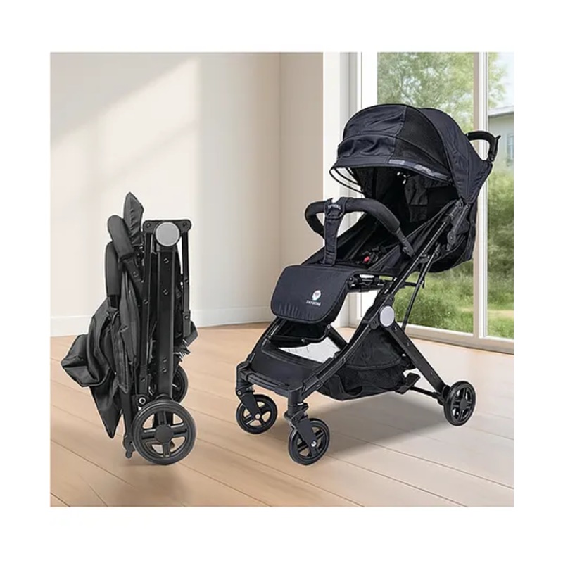 Tinyberg B-Wagon Baby Travel Cabin Stroller with Trolley Handle, 5 Point Safety Belt, One-Hand Fold, Multi Recline Backrest & Footrest (0-5y)- Black