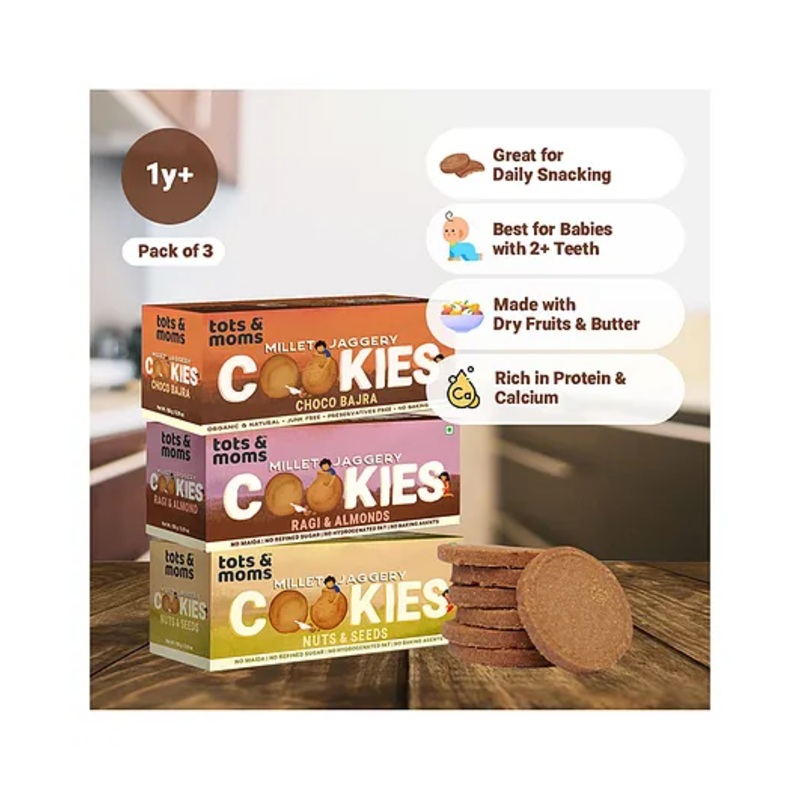 Tots & Moms Millet & Jaggery Cookies | Nuts & Seeds | Ragi & Almonds | Choco Bajra | 150g Each