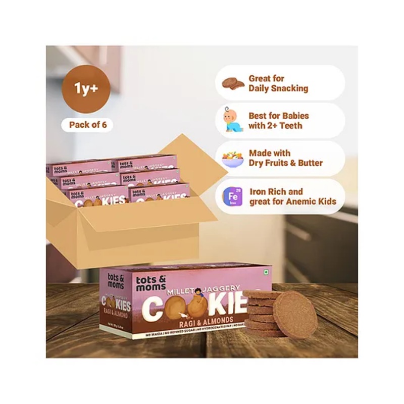 Tots & Moms NO Maida NO Sugar – Ragi & Almond Cookies | Millet & Jaggery Biscuits | Made with Ragi, Multimillet, Nuts, Seeds, Butter & Jaggery | Healthy School & Travel Snacks for Little Ones