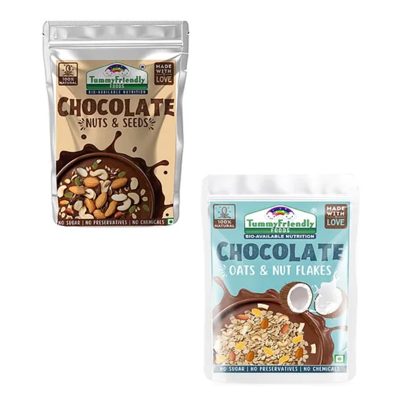 Tummy Friendly Foods Chocolate, Oats, Nuts flakes and Seeds Mix –  2 Packs – 200g ,100 g each. Healthy millets snacks for Toddler’s, Kids & Adults