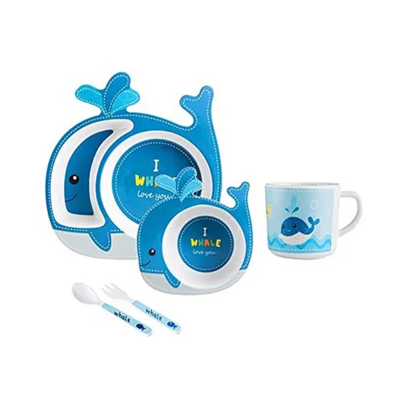 YAMAMA Whale Shape Bamboo Multi Piece Feeding Set Pack of 5   Color May Vary