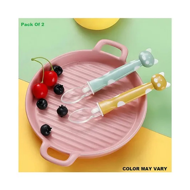 Baby Miniature Free Cartoon Silicone Spoon Tableware Feeding Cutlery Set Training Spoon Silicone Spoon Set for Kids–Pack of 2-Color May Vary
