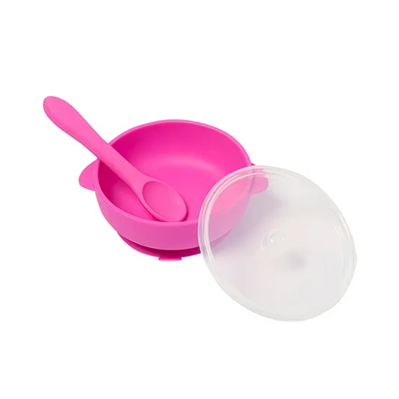 Baby Moo Silicon Bowl With Lid And Spoon Dinner Set – Magenta