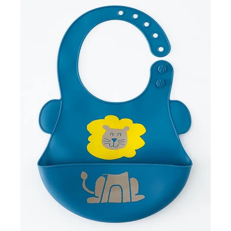 Babyhug Adjustable Silicone Bib for Toddlers – Blue Lion Print| Soft & BPA-Free| 5-Gear Neck Adjustment| Easy to Clean| Crumb Catcher| Roll-able Travel-Friendly