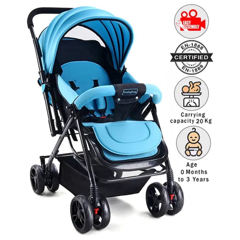 Babyhug Symphony Stroller With Reverisble Handle & Mosquito Net – Blue