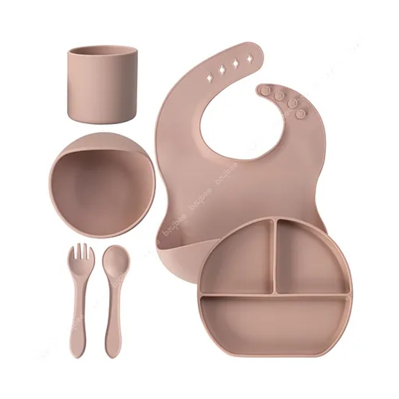 Baybee Tableware Silicone Suction Plate for Kids with 6pcs Baby Feeding Dinner Set, Bowl, Bib, Water Cup, First Stage Spoon & Fork – Pink