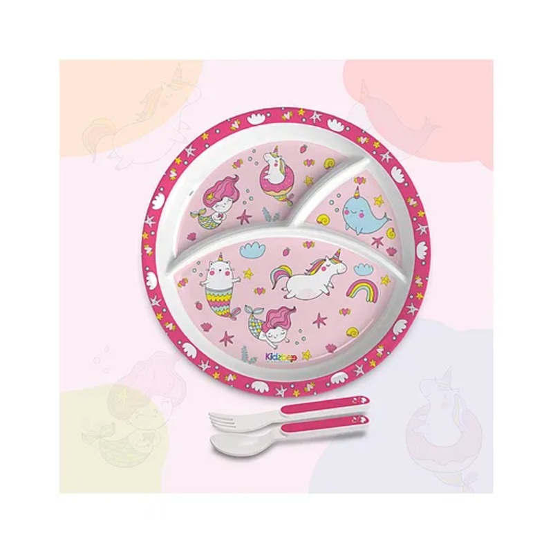 Cello Kidzbee Trioplate with Spoon and Fork Unicorn Print – Pink