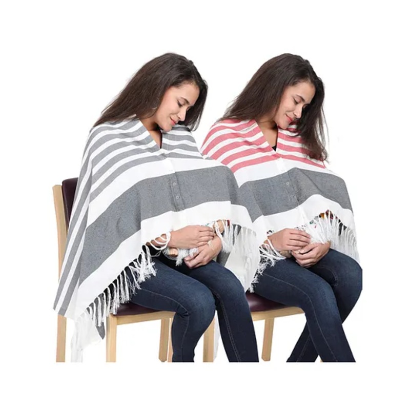 Lulamom Multi-Purpose Breast Feeding Nursing Striped Shawl – Pack of 2 (Grey & Red)