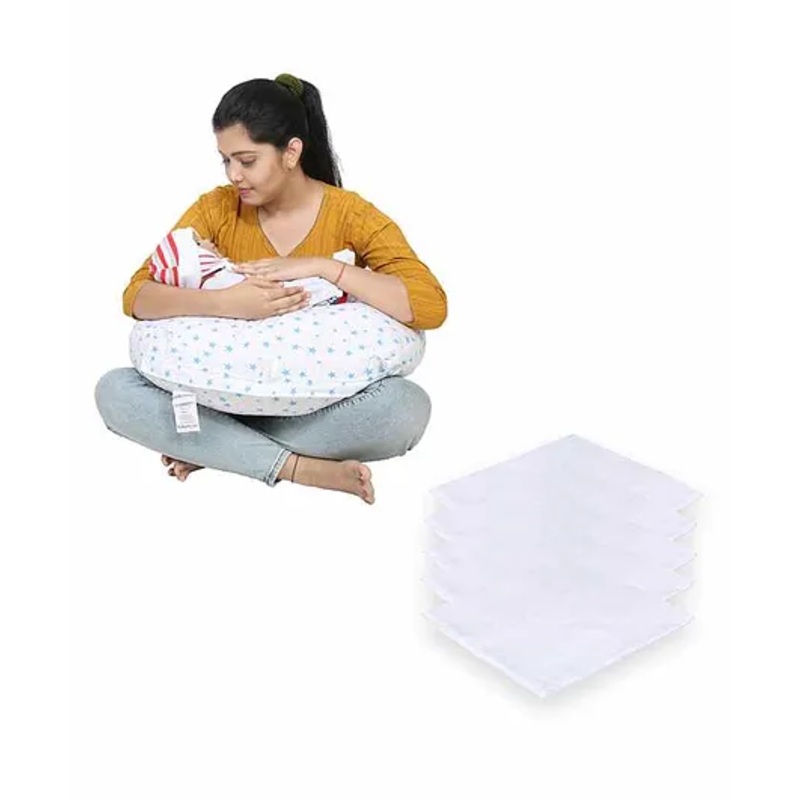 Lulamom Nursing Pillow with Cover Star Print & Muslin Napkin – Blue White
