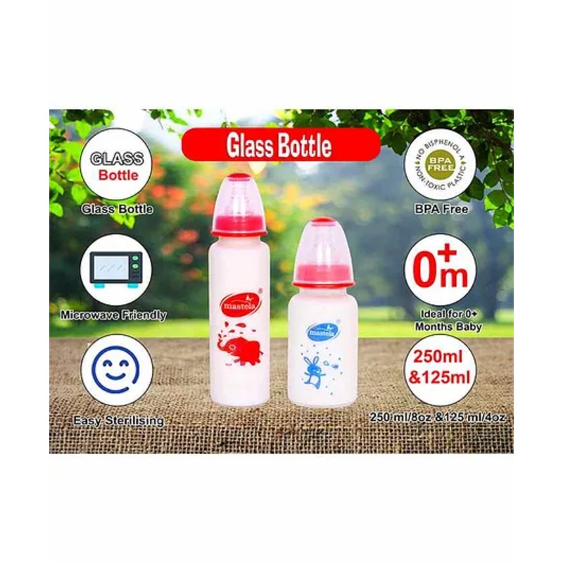 Mastela Glass Feeding Bottle With Ultrasoft Flow Red Pack of 2 – 250 ml & 125 ml