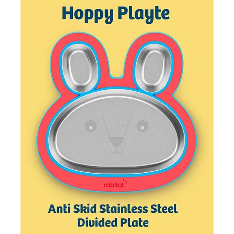 Rabitat Hoppy Playte Anti Skid Stainless Steel Divided Plate – Red