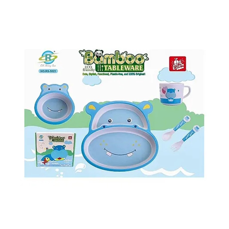 SCHOOLISH HIPO  Design 5 Pieces Set Bamboo Kids Dinnerware Set  Children Dishes  Food Plate Bowl Mug Spoon Fork Set Dishware Cartoon Tableware Dishwasher Safe Kids Healthy Mealtime BPA Free Pack of 1 (Color May Vary)