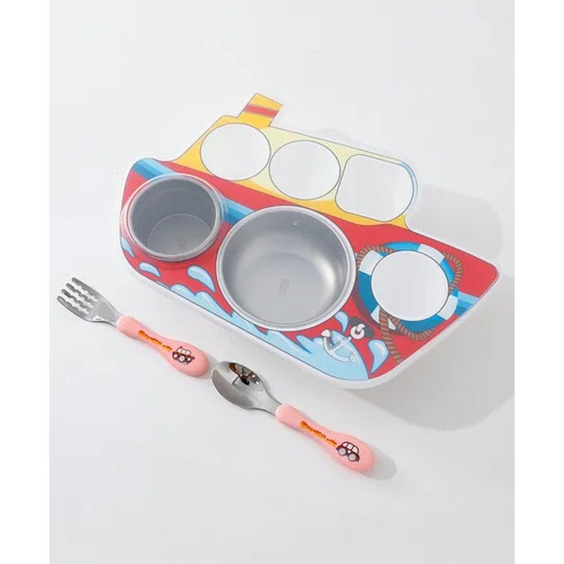 Ship Shaped  Section Plate with Fork & Spoon – Red